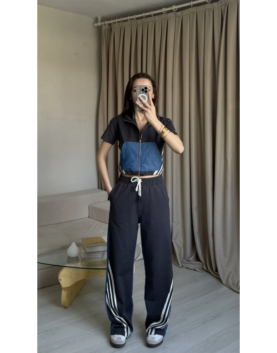 Denim Detaylı Fermuarlı İkili Takım