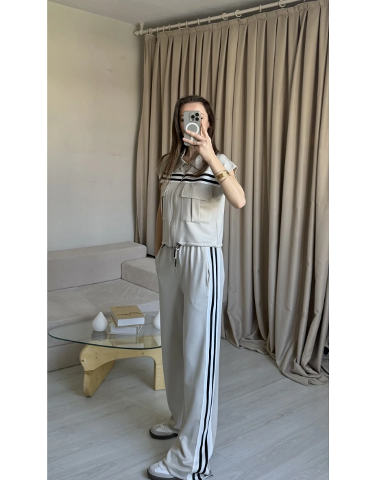 Krem Şeritli Yelek Eşofman Takım