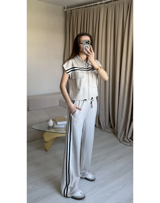 Krem Şeritli Yelek Eşofman Takım