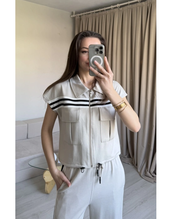 Krem Şeritli Yelek Eşofman Takım