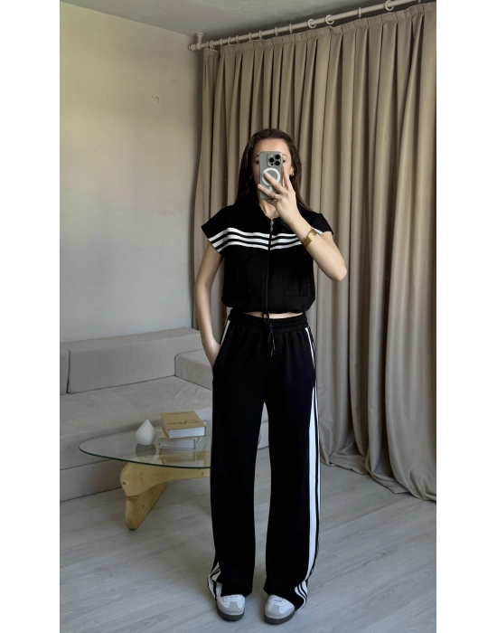 Siyah Şeritli Yelek Eşofman Takım