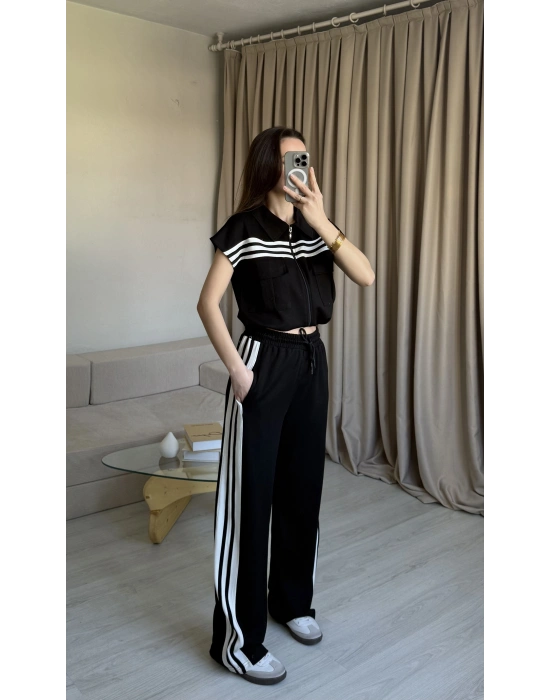 Siyah Şeritli Yelek Eşofman Takım