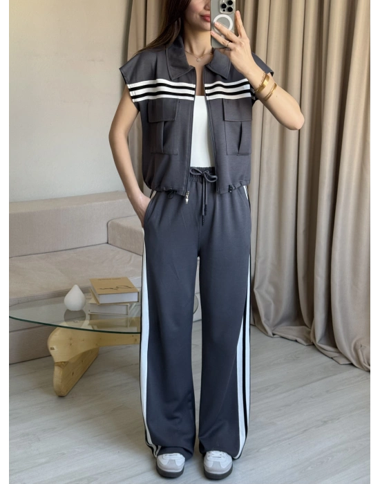 Antrasit Şeritli Yelek Eşofman Takım