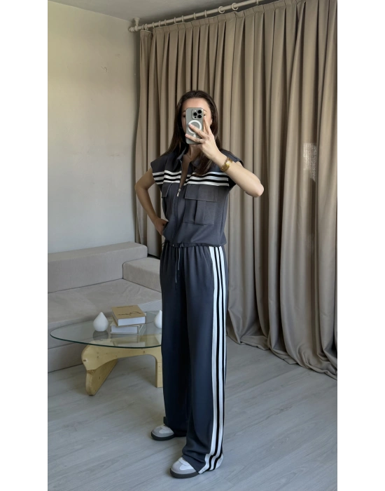 Antrasit Şeritli Yelek Eşofman Takım