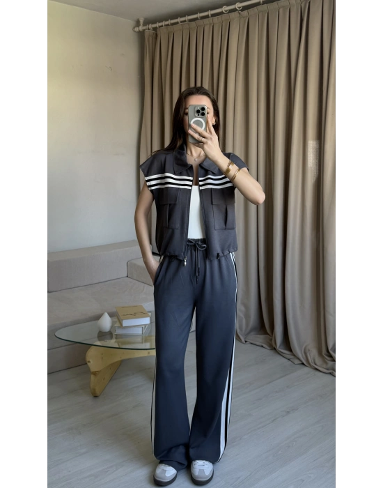 Antrasit Şeritli Yelek Eşofman Takım