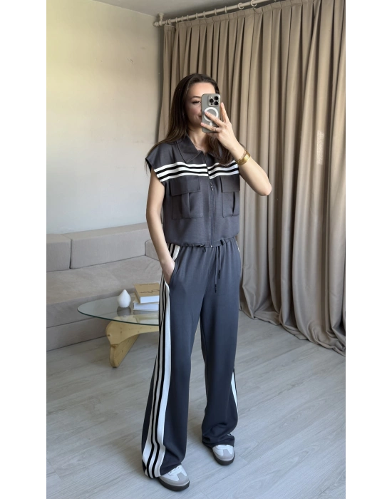 Antrasit Şeritli Yelek Eşofman Takım