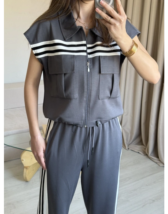 Antrasit Şeritli Yelek Eşofman Takım