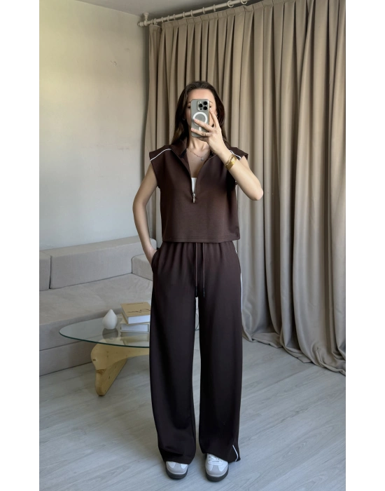 Kahve Yarım Fermuarlı Eşofman Takım