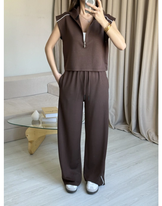 Kahve Yarım Fermuarlı Eşofman Takım