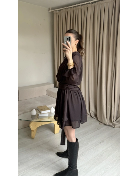 Kahve Aura Şifon Elbise