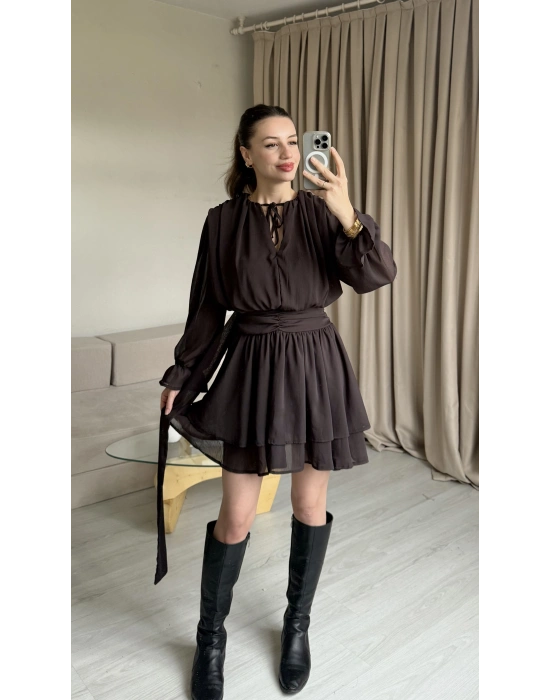 Kahve Aura Şifon Elbise
