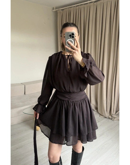 Kahve Aura Şifon Elbise