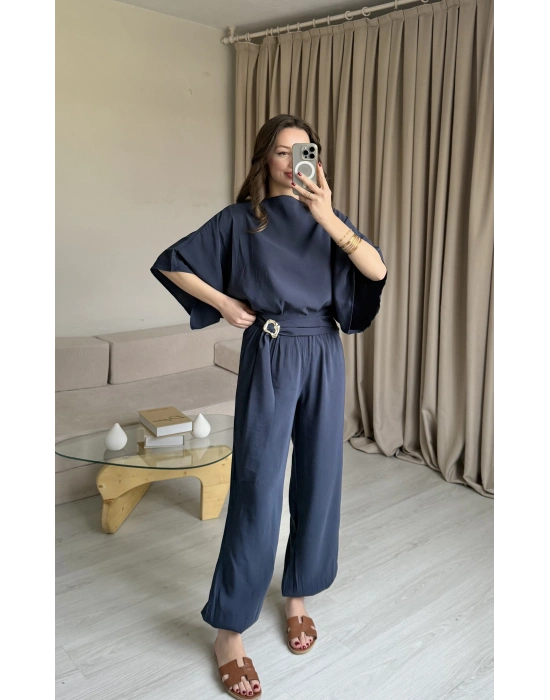 İndigo Yarasa Kol Bluz Pantolon Takım