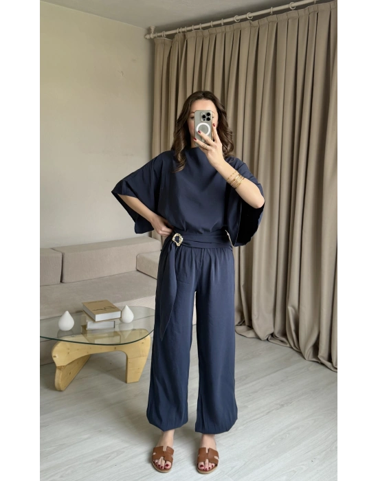 İndigo Yarasa Kol Bluz Pantolon Takım