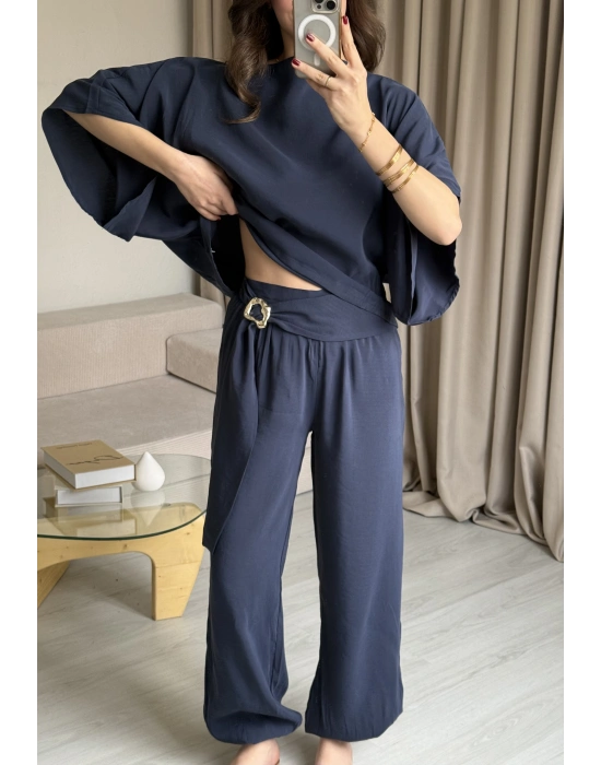 İndigo Yarasa Kol Bluz Pantolon Takım