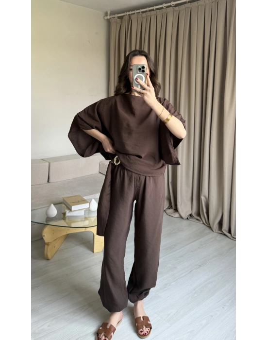 Kahve Yarasa Kol Bluz Pantolon Takım