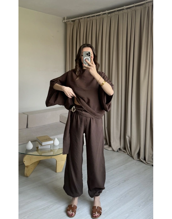 Kahve Yarasa Kol Bluz Pantolon Takım