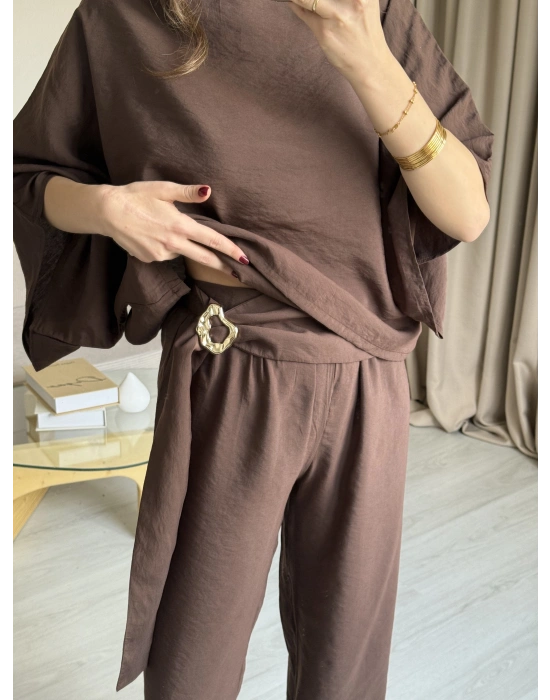 Kahve Yarasa Kol Bluz Pantolon Takım