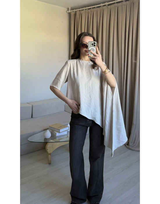 Bej Asimetrik Vatkalı Modal Bluz