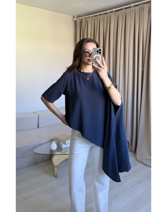 İndigo Asimetrik Vatkalı Modal Bluz