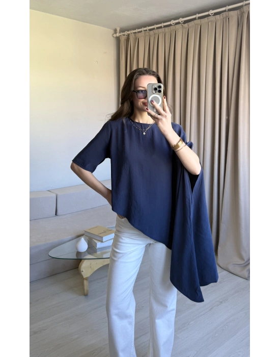 İndigo Asimetrik Vatkalı Modal Bluz