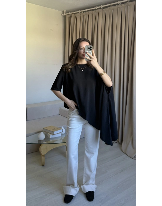 Siyah Asimetrik Vatkalı Modal Bluz