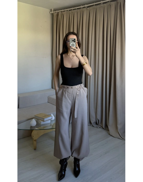 Krem Çıtçıt Kemerli Palazzo Pantolon