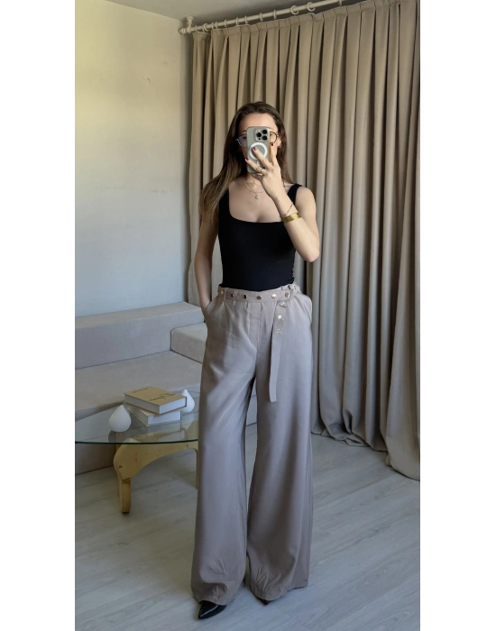 Krem Çıtçıt Kemerli Palazzo Pantolon