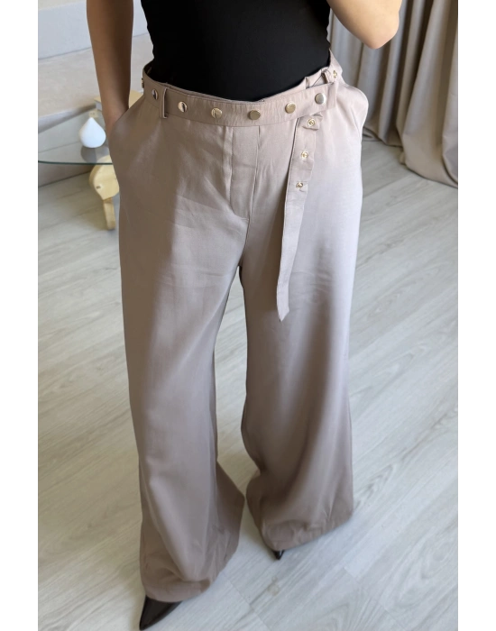 Krem Çıtçıt Kemerli Palazzo Pantolon