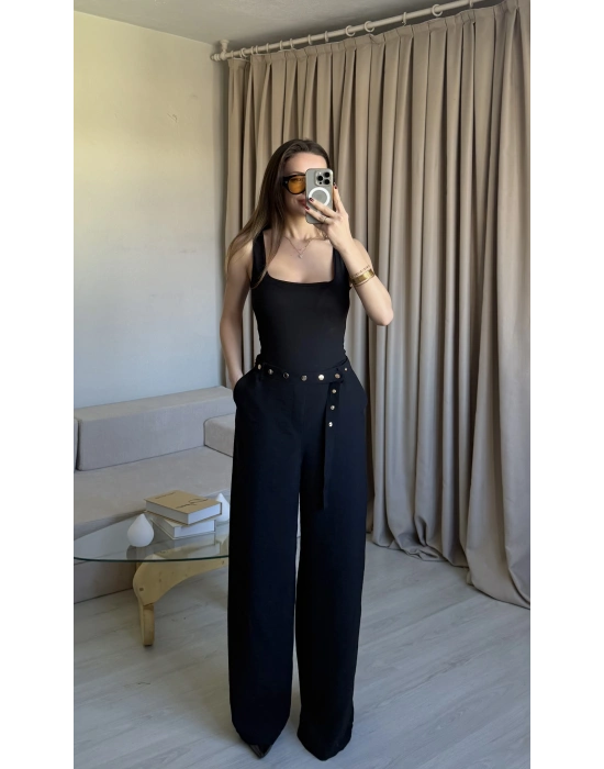 Siyah Çıtçıt Kemerli Palazzo Pantolon