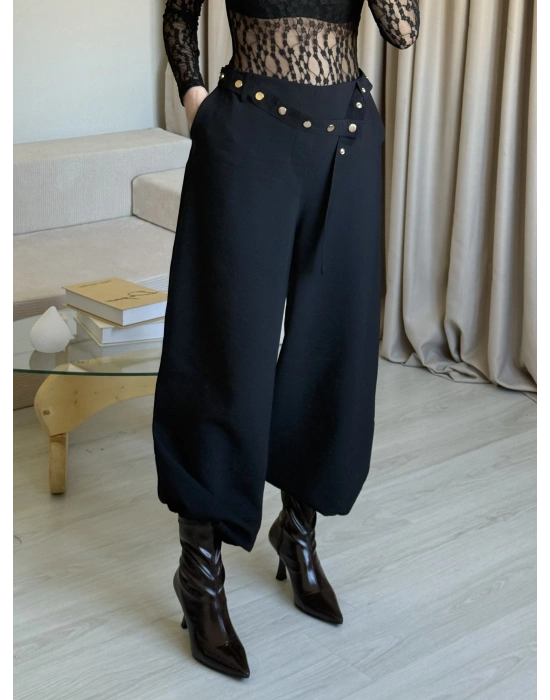 Siyah Çıtçıt Kemerli Palazzo Pantolon