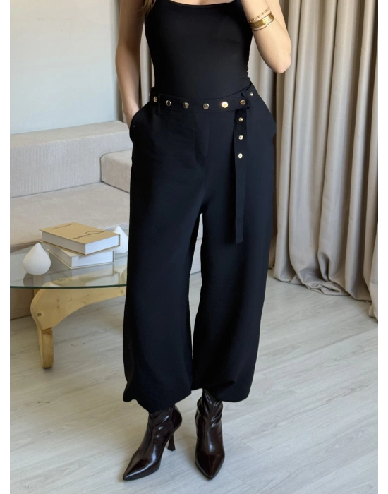 Siyah Çıtçıt Kemerli Palazzo Pantolon