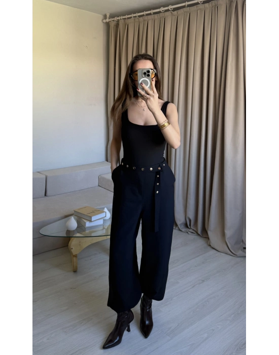 Siyah Çıtçıt Kemerli Palazzo Pantolon