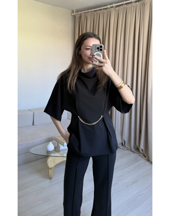 Siyah Zincir Detay Pantolon Takım