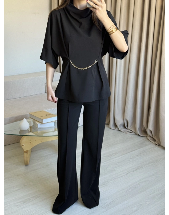 Siyah Zincir Detay Pantolon Takım