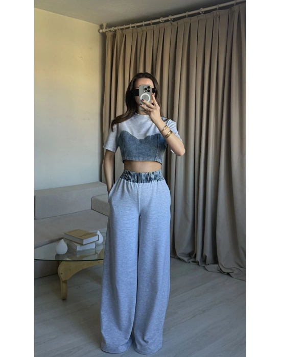 Gri Denim Detaylı Eşofman Takım