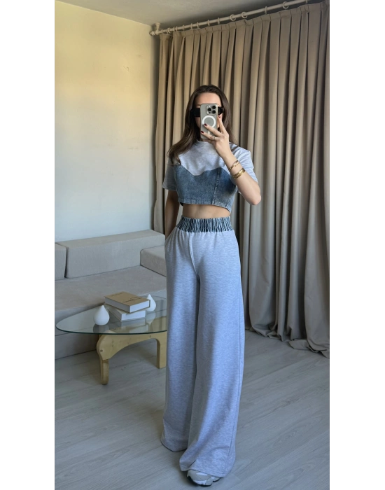 Gri Denim Detaylı Eşofman Takım