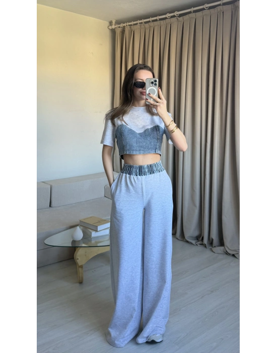 Gri Denim Detaylı Eşofman Takım