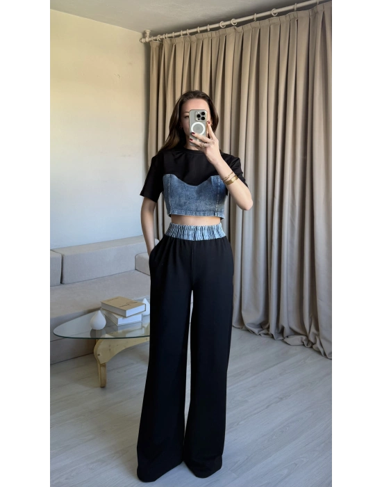 Siyah Denim Detaylı Eşofman Takım