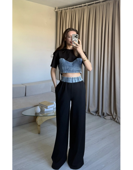 Siyah Denim Detaylı Eşofman Takım