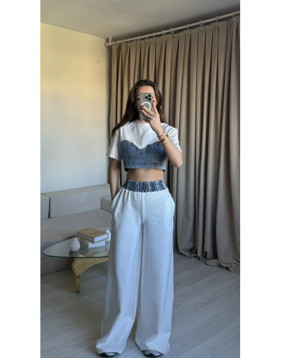 Beyaz Denim Detaylı Eşofman Takım