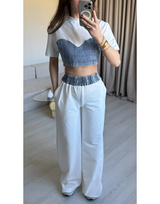 Beyaz Denim Detaylı Eşofman Takım