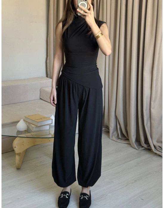 Siyah Asimetrik Kesim Şalvar Pantolon Takım