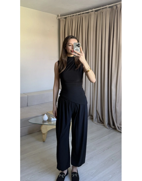 Siyah Asimetrik Kesim Şalvar Pantolon Takım