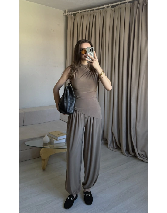 Haki Asimetrik Kesim Şalvar Pantolon Takım