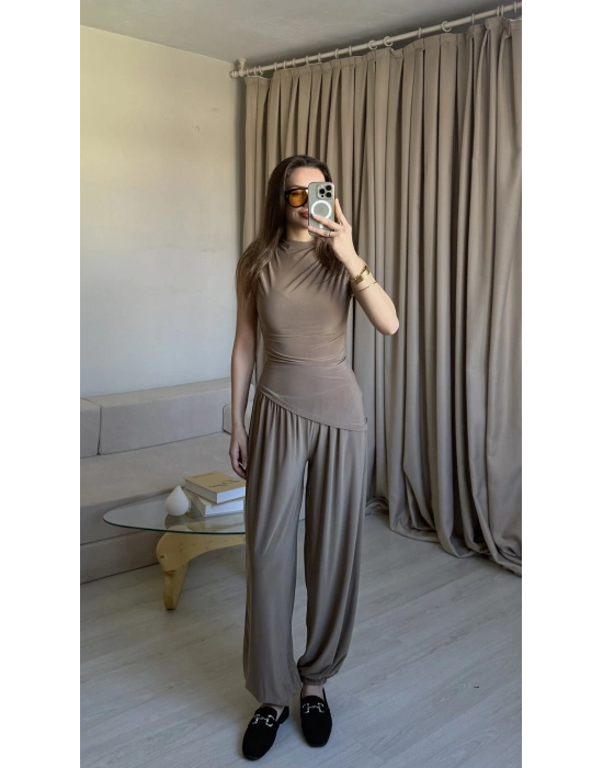 Haki Asimetrik Kesim Şalvar Pantolon Takım