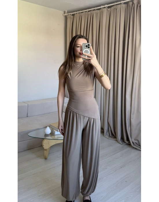 Haki Asimetrik Kesim Şalvar Pantolon Takım