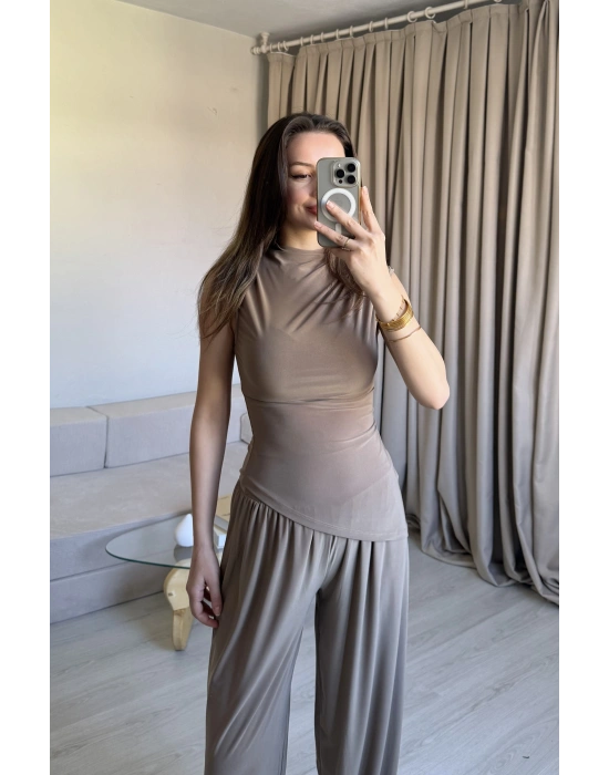 Haki Asimetrik Kesim Şalvar Pantolon Takım