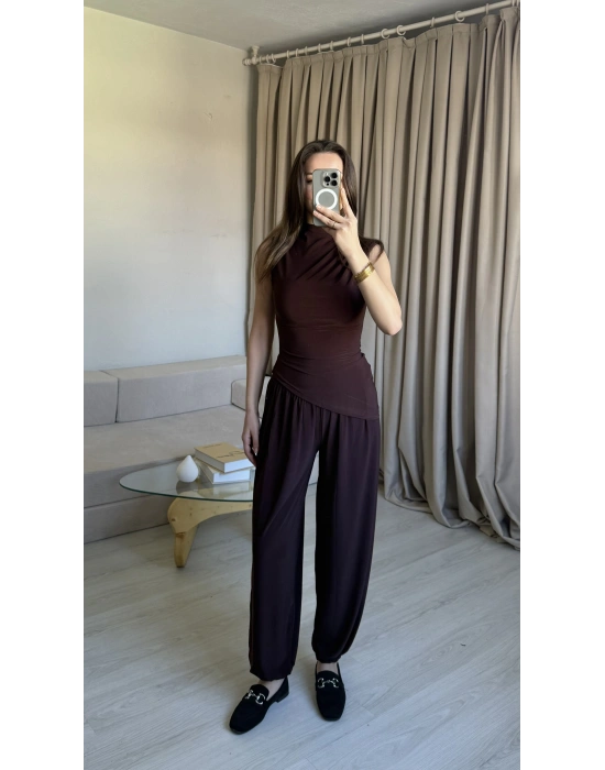 Mürdüm Asimetrik Kesim Şalvar Pantolon Takım