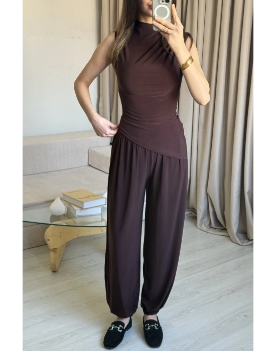 Mürdüm Asimetrik Kesim Şalvar Pantolon Takım